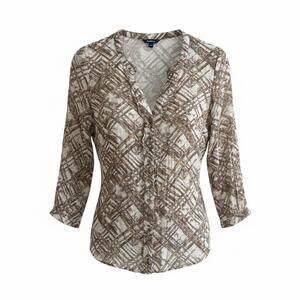 Reitmans Neutral Abstract Print Blouse Women M V-Neck Office Chic Top